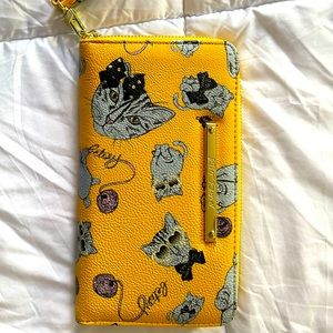 Betsey Johnson yellow with cats wrist wallet